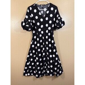 Zara Woman Dress Black-White Polka Dots Puff Sleeve V Neck Button Up Size S